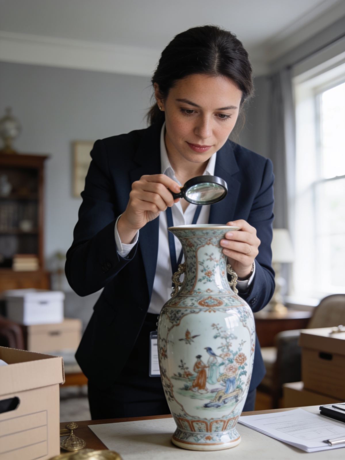 A Liberty Liquidation appraiser examining an antique piece